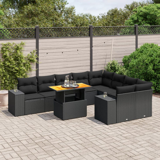 10-delige Loungeset met kussens poly rattan zwart