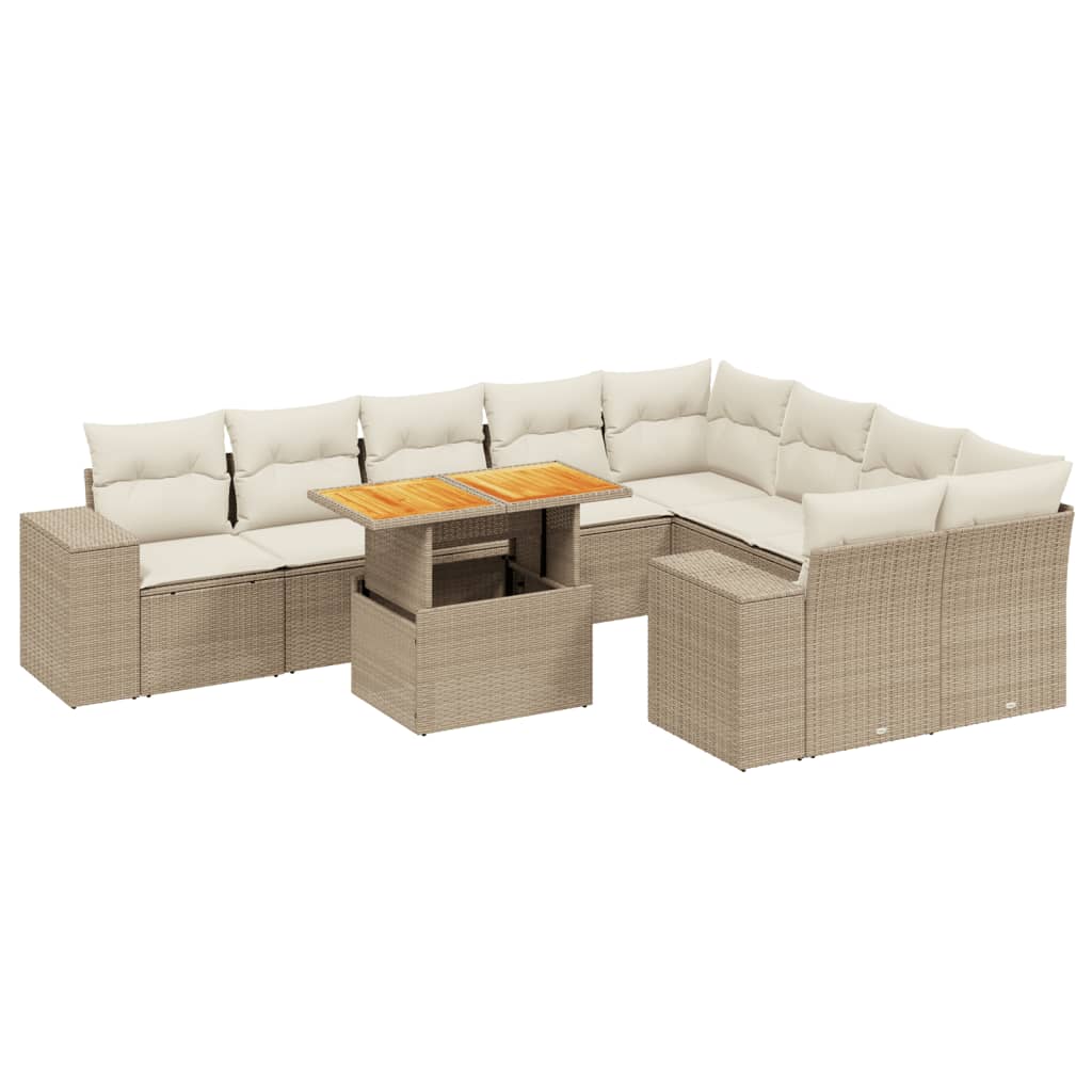 10-delige Loungeset met kussens poly rattan beige