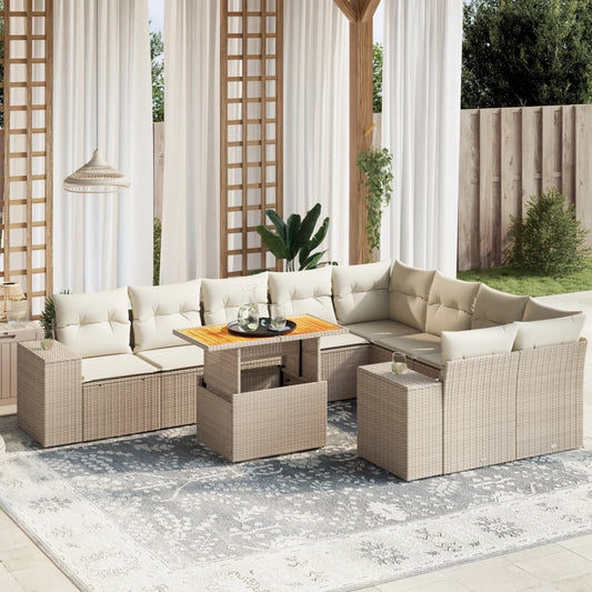 10-delige Loungeset met kussens poly rattan beige