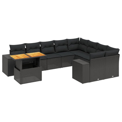 10-delige Loungeset met kussens poly rattan zwart