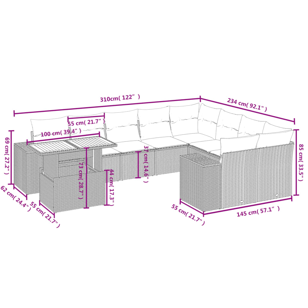 10-delige Loungeset met kussens poly rattan zwart