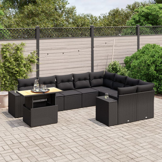 10-delige Loungeset met kussens poly rattan zwart