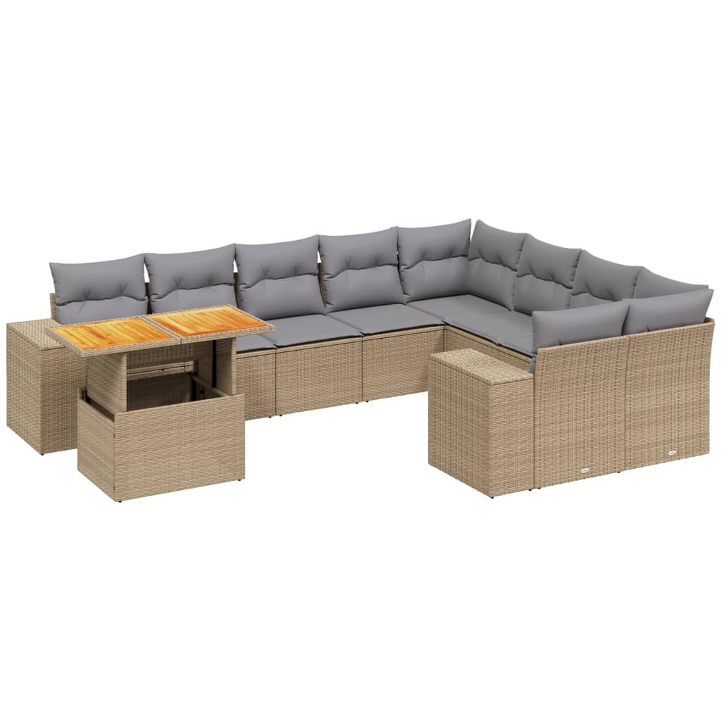 10-delige Loungeset met kussens poly rattan beige