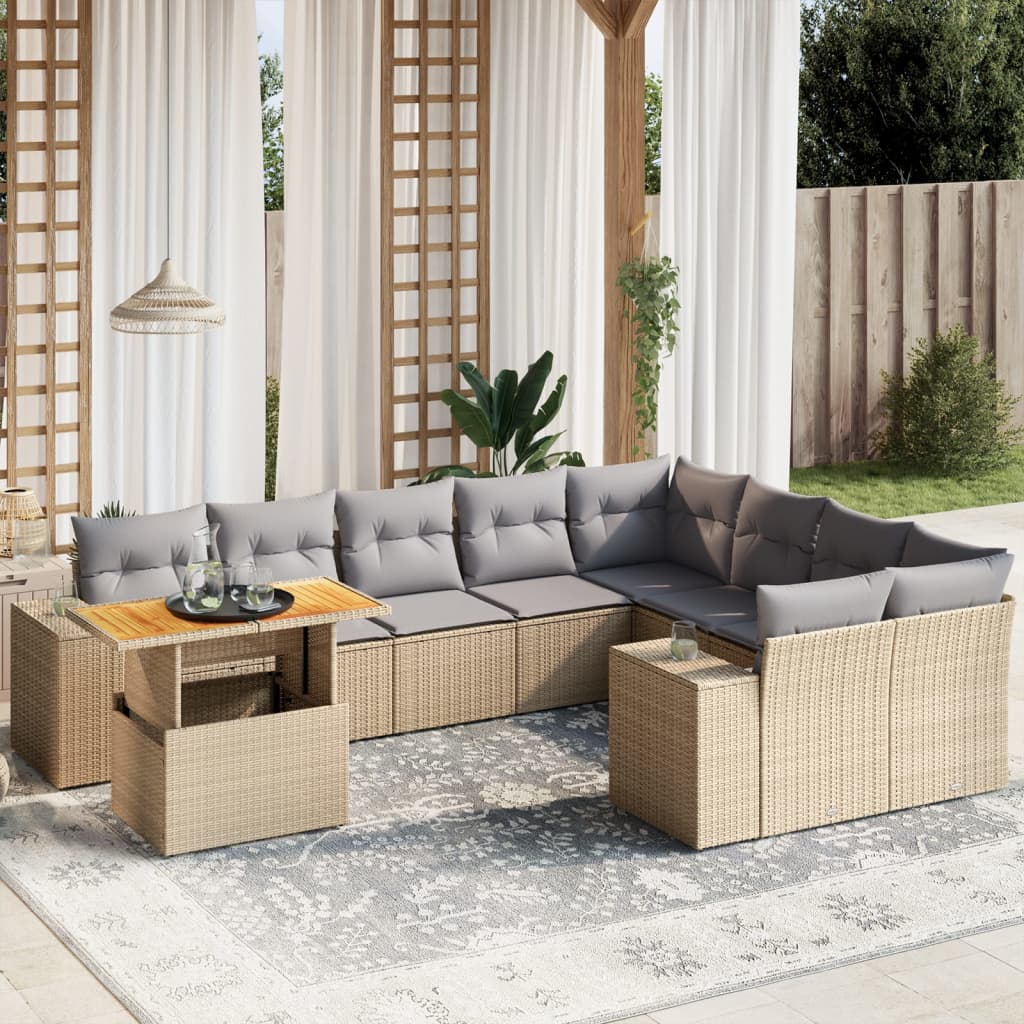 10-delige Loungeset met kussens poly rattan beige