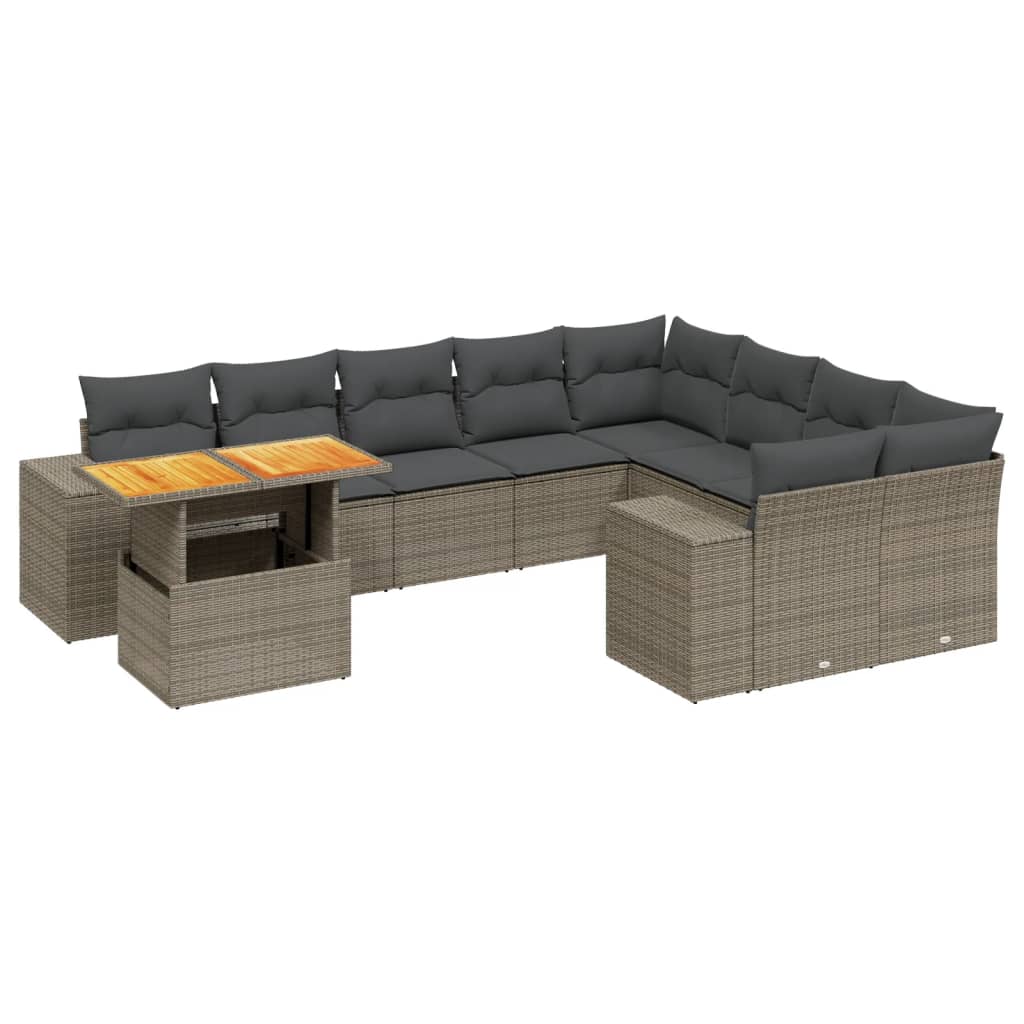 10-delige Loungeset met kussens poly rattan grijs