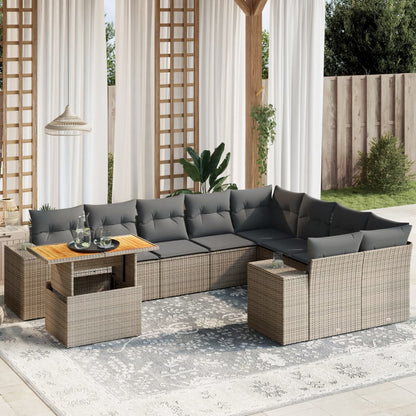 10-delige Loungeset met kussens poly rattan grijs