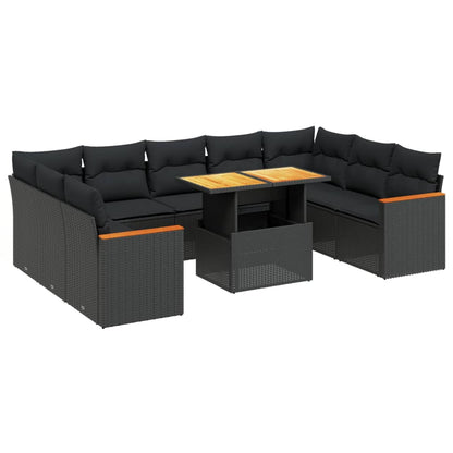 10-delige Loungeset met kussens poly rattan zwart