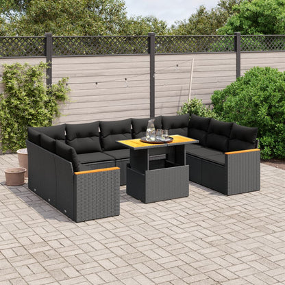 10-delige Loungeset met kussens poly rattan zwart