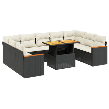 10-delige Loungeset met kussens poly rattan zwart