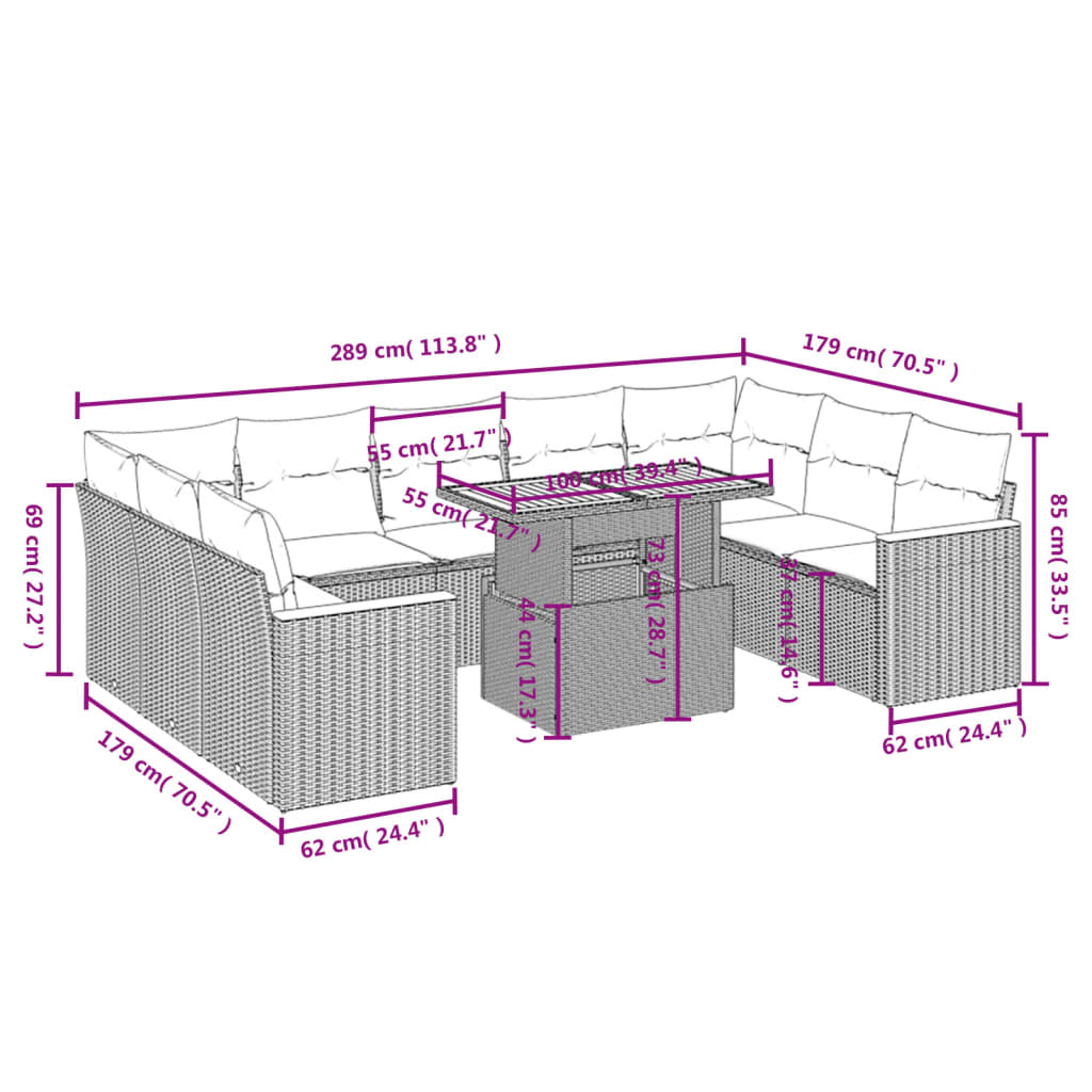 10-delige Loungeset met kussens poly rattan zwart