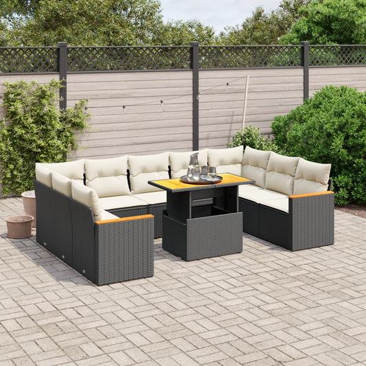 10-delige Loungeset met kussens poly rattan zwart