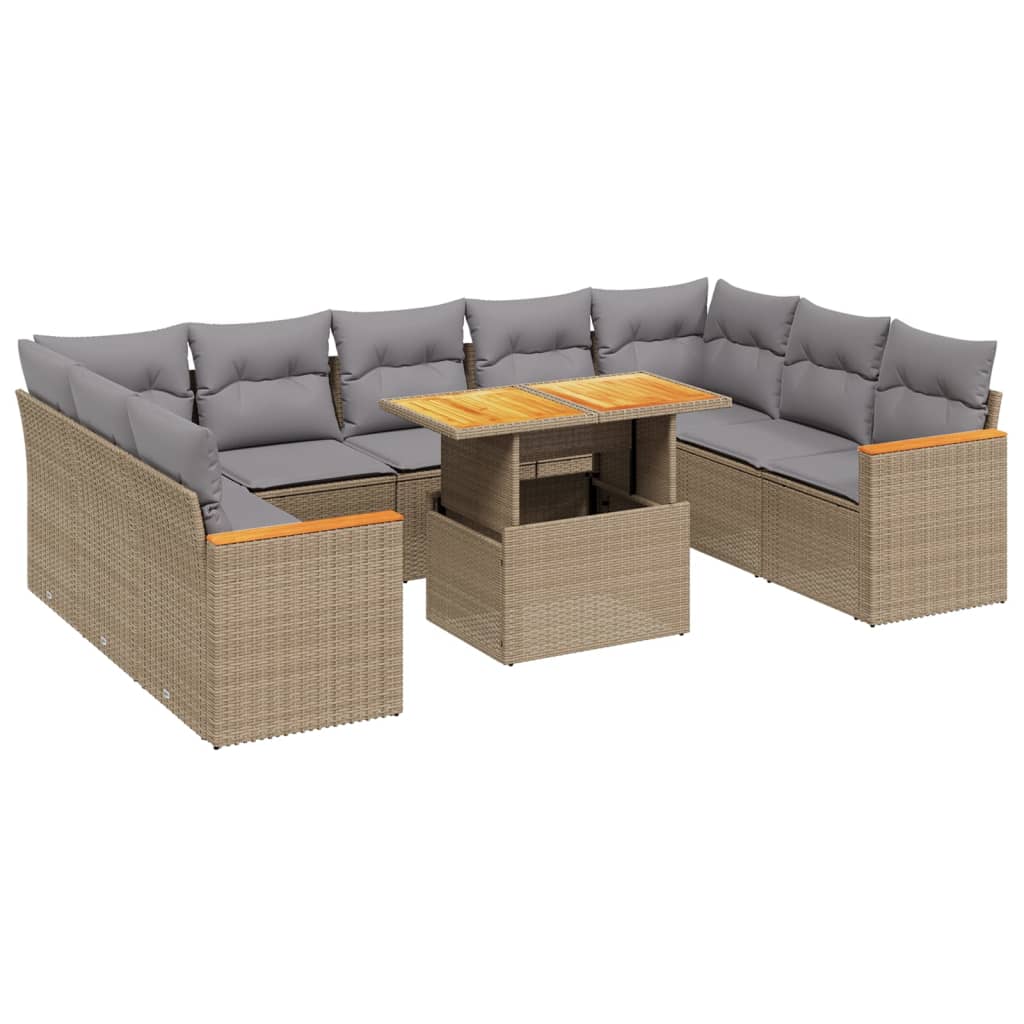 10-delige Loungeset met kussens poly rattan beige