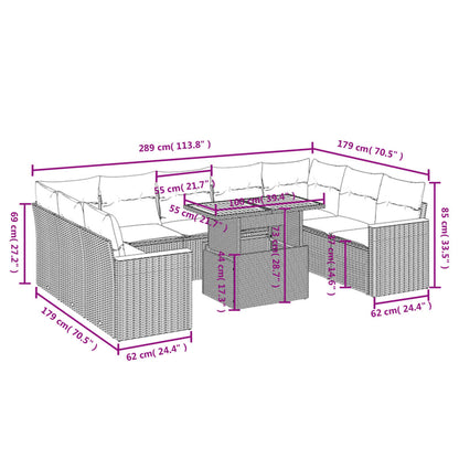 10-delige Loungeset met kussens poly rattan grijs