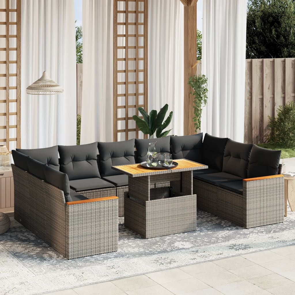 10-delige Loungeset met kussens poly rattan grijs