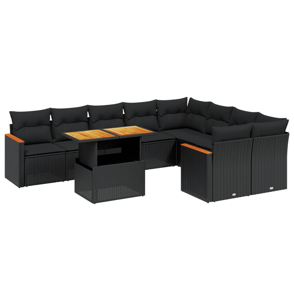 10-delige Loungeset met kussens poly rattan zwart