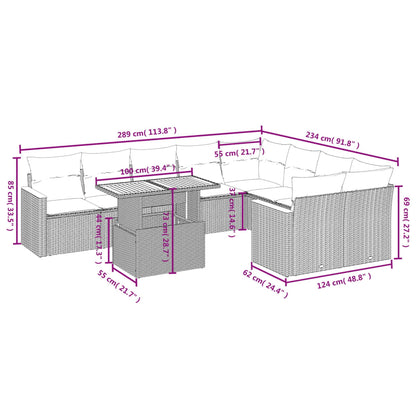 10-delige Loungeset met kussens poly rattan zwart