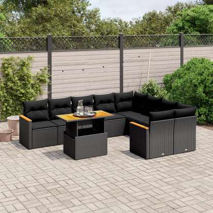 10-delige Loungeset met kussens poly rattan zwart