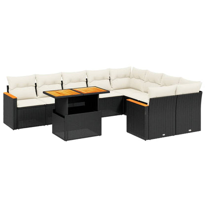 10-delige Loungeset met kussens poly rattan zwart