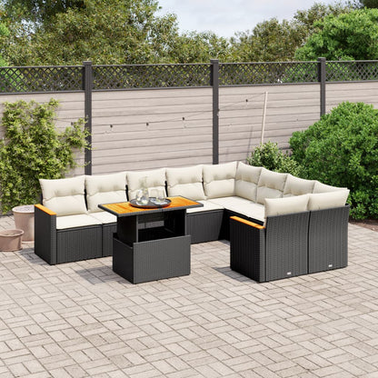 10-delige Loungeset met kussens poly rattan zwart