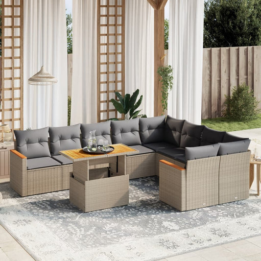 10-delige Loungeset met kussens poly rattan beige