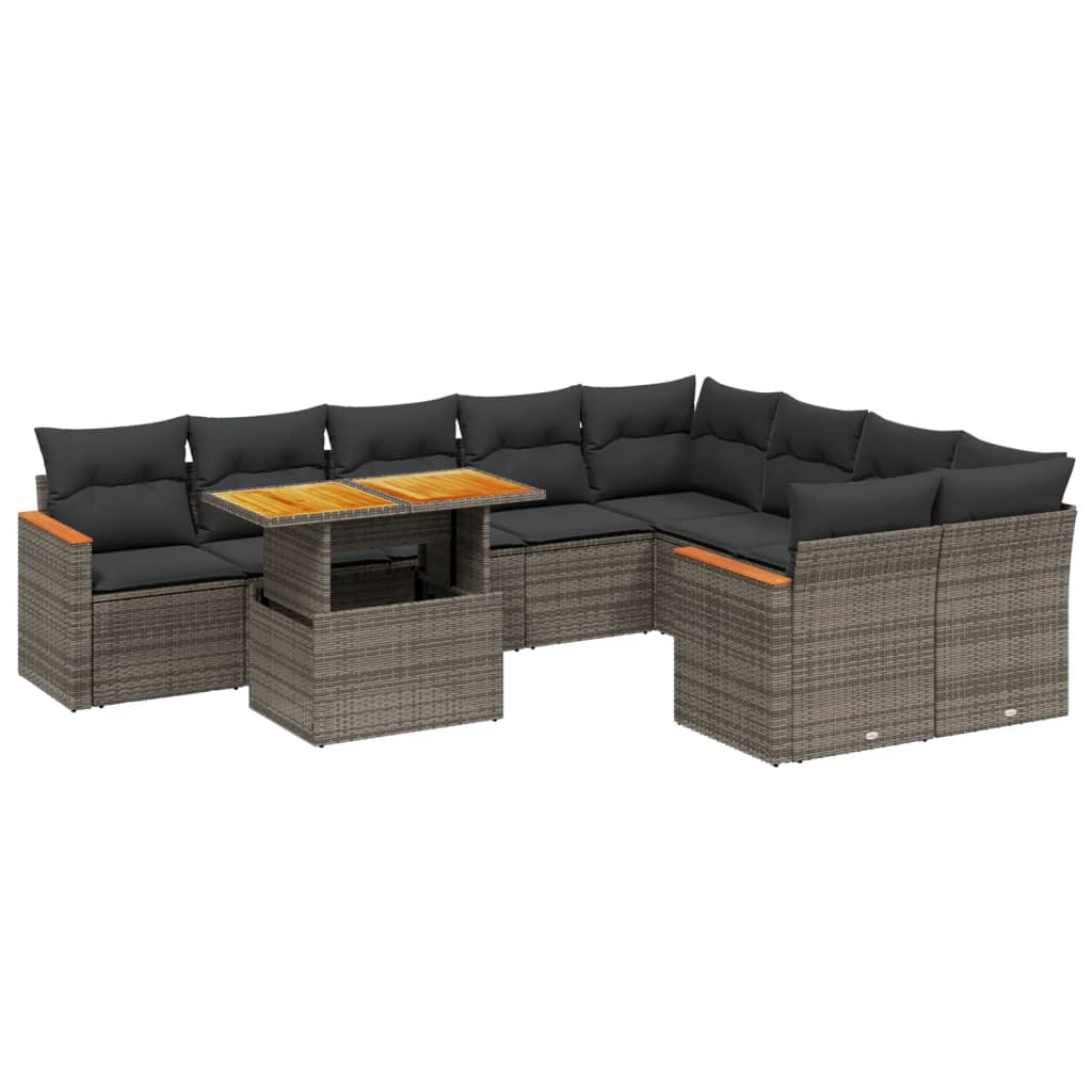 10-delige Loungeset met kussens poly rattan grijs