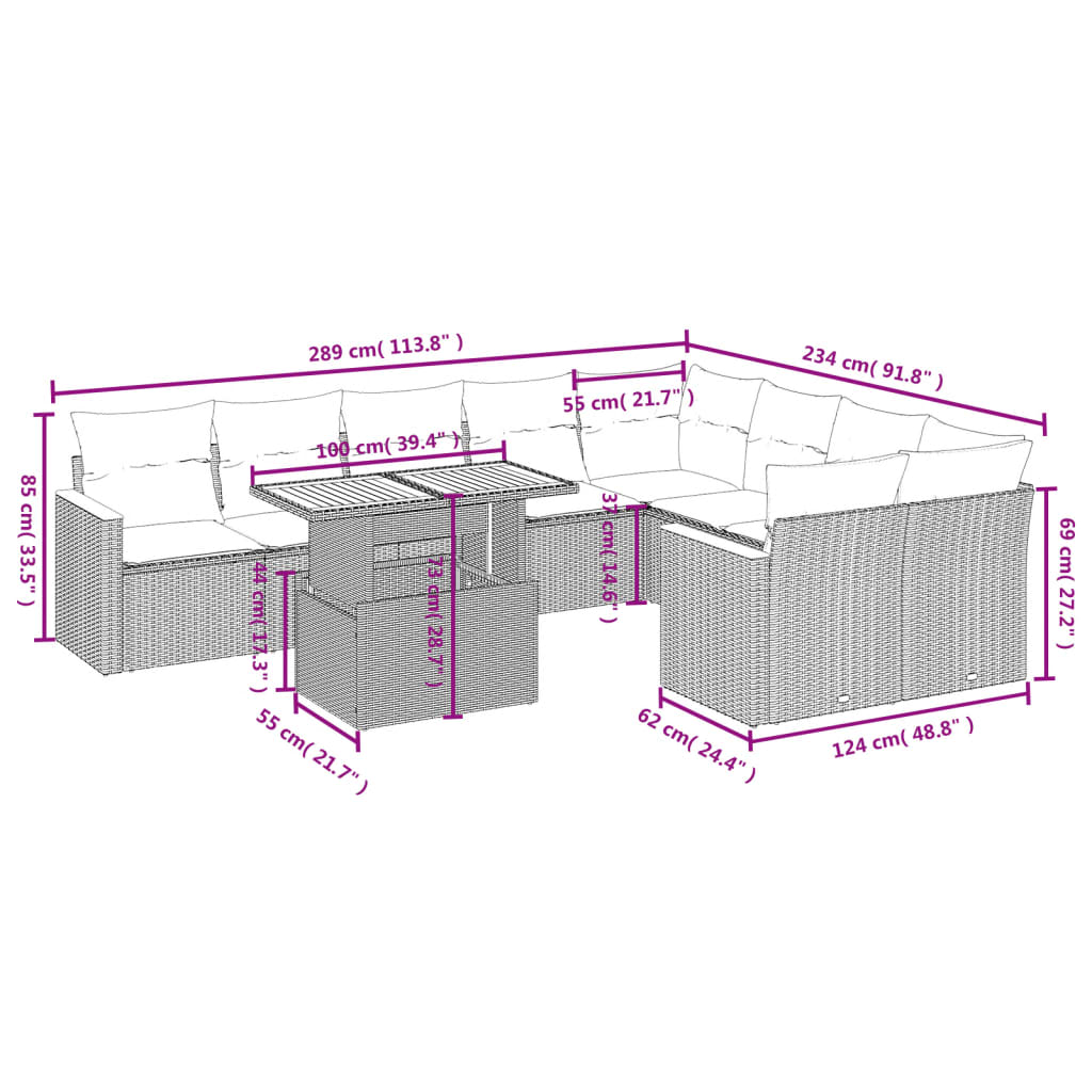 10-delige Loungeset met kussens poly rattan grijs