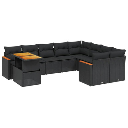 10-delige Loungeset met kussens poly rattan zwart