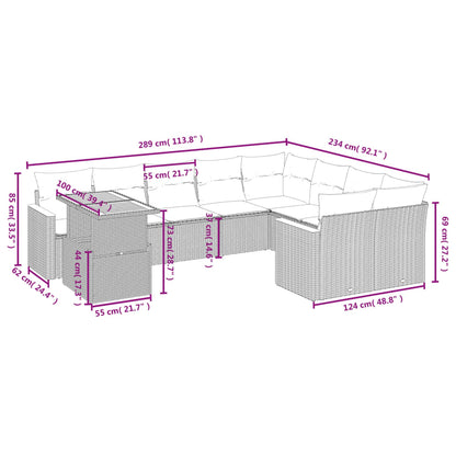 10-delige Loungeset met kussens poly rattan zwart