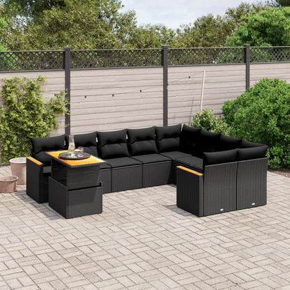 10-delige Loungeset met kussens poly rattan zwart