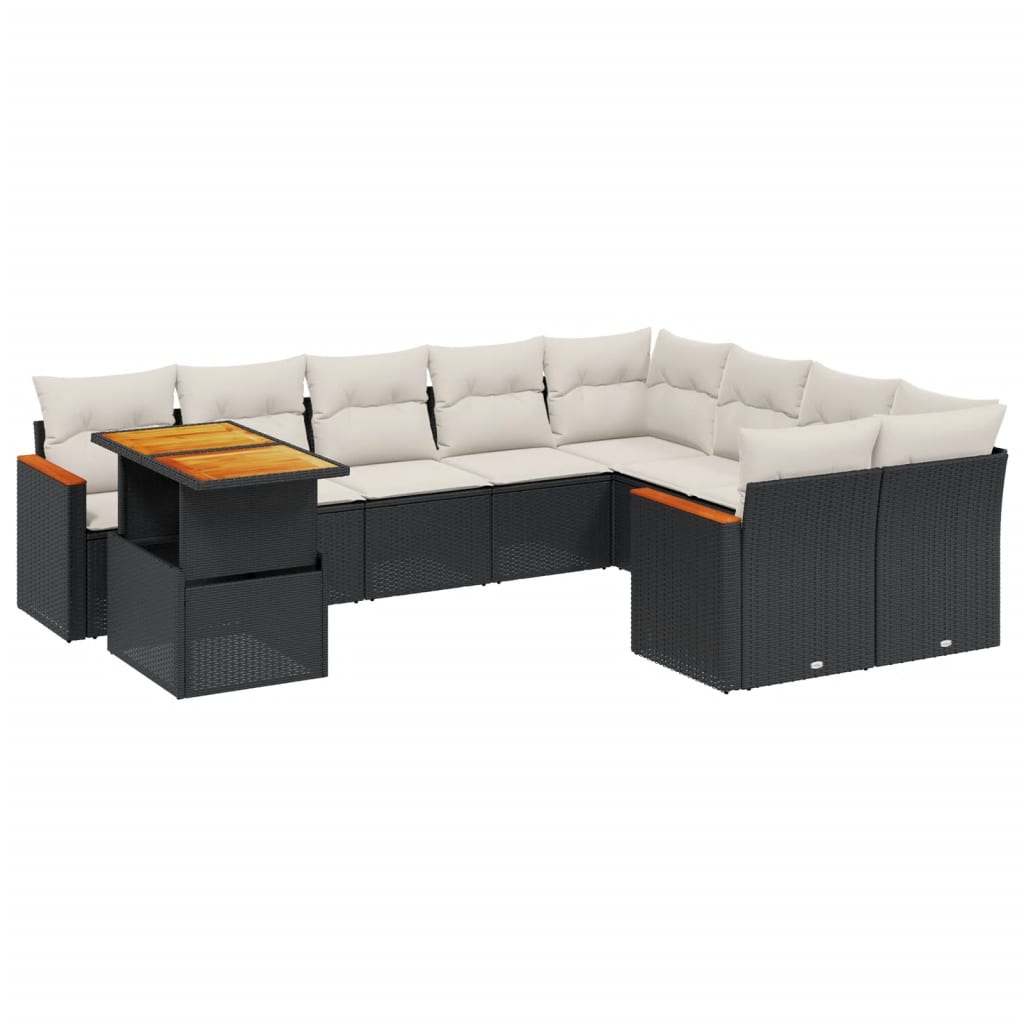 10-delige Loungeset met kussens poly rattan zwart