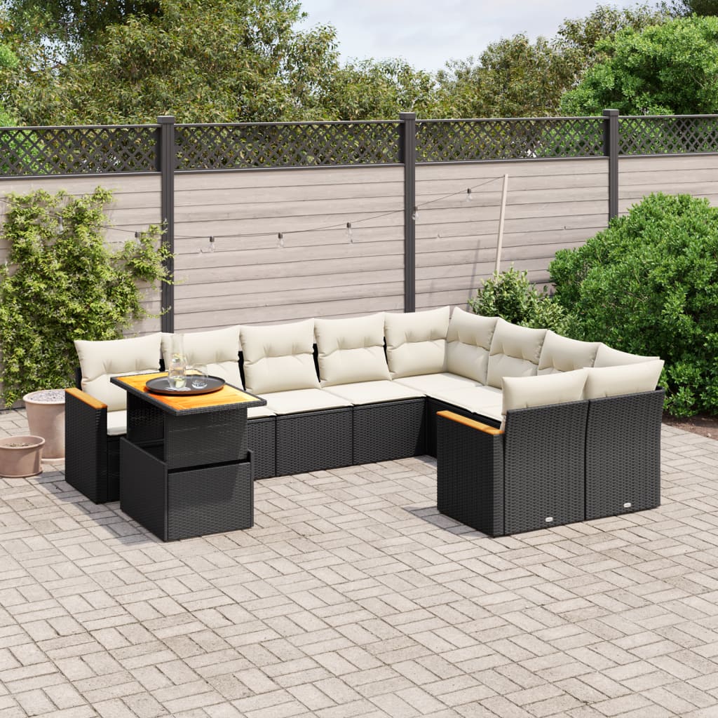 10-delige Loungeset met kussens poly rattan zwart