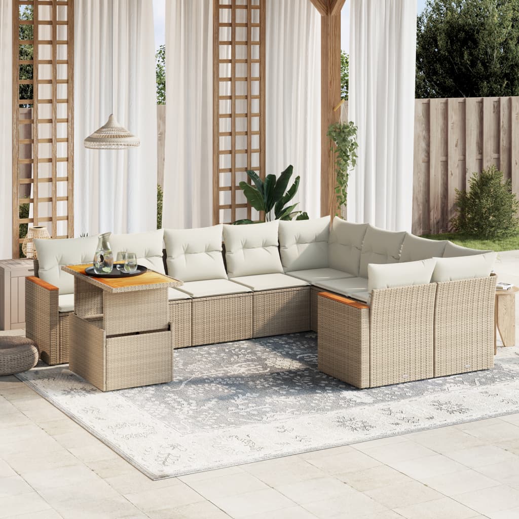 10-delige Loungeset met kussens poly rattan beige