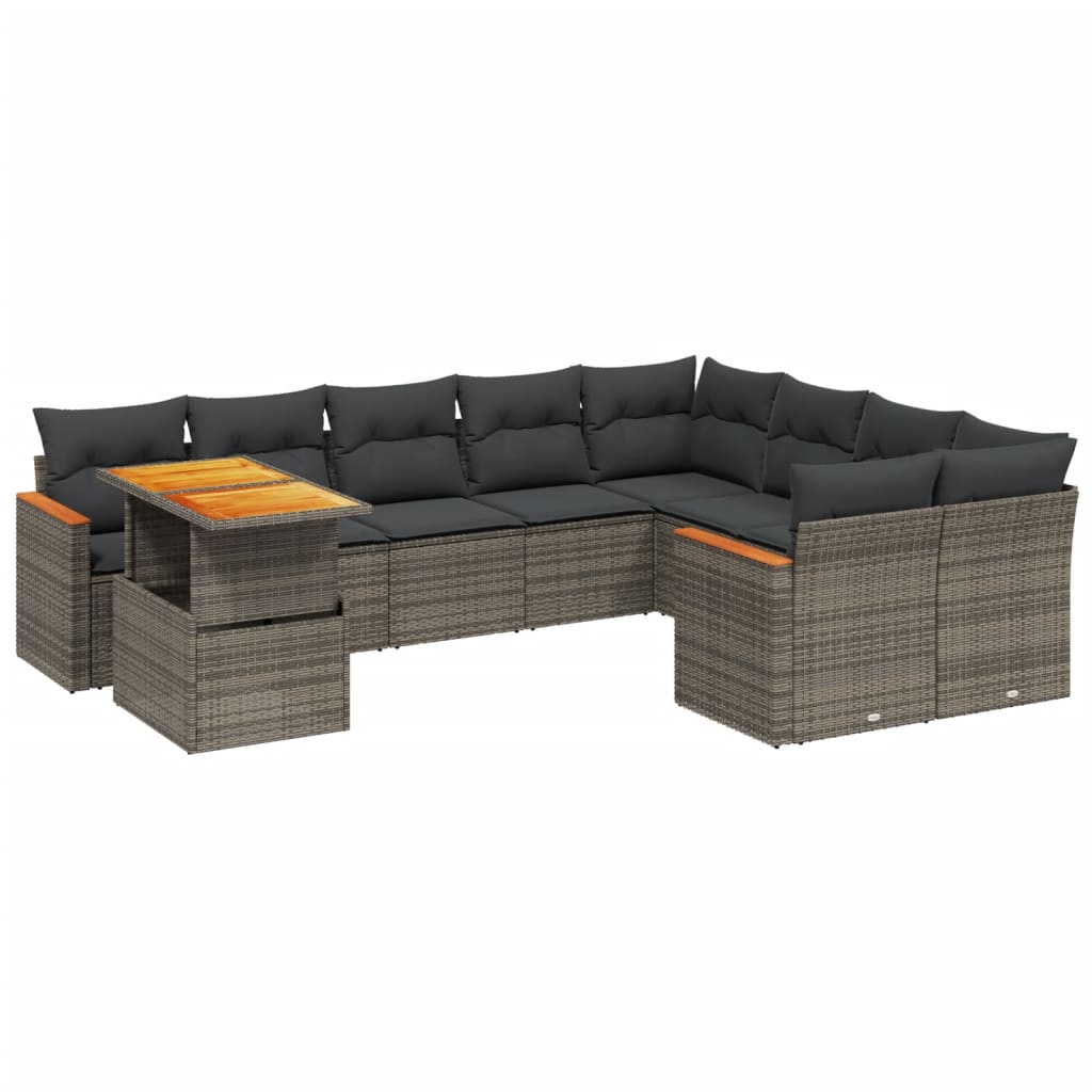 10-delige Loungeset met kussens poly rattan grijs