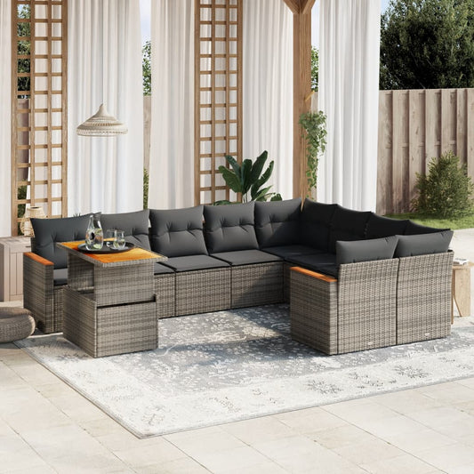 10-delige Loungeset met kussens poly rattan grijs