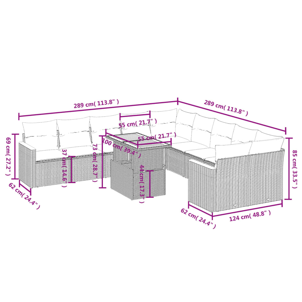 11-delige Loungeset met kussens poly rattan grijs