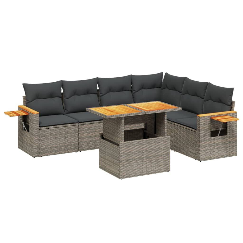 7-delige Loungeset met kussens poly rattan grijs