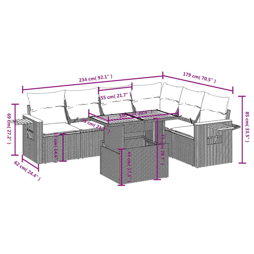 7-delige Loungeset met kussens poly rattan grijs