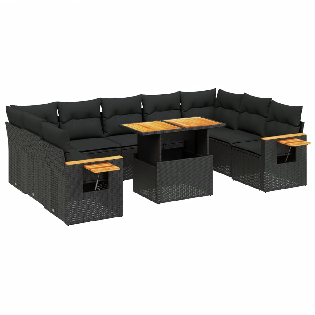 10-delige Loungeset met kussens poly rattan zwart