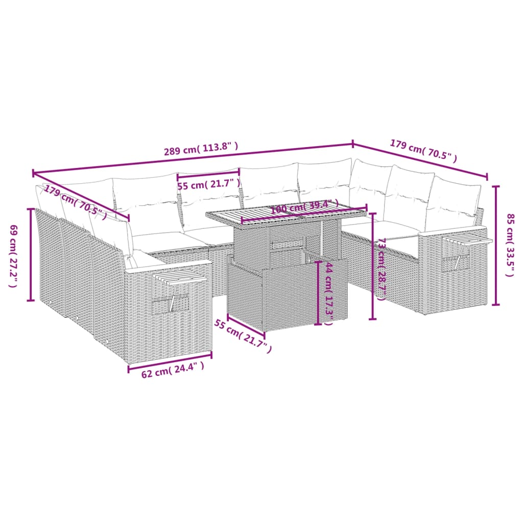 10-delige Loungeset met kussens poly rattan zwart