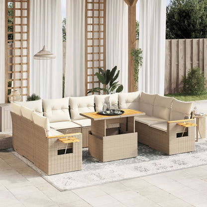 10-delige Loungeset met kussens poly rattan beige