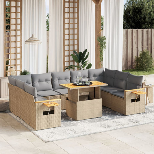 10-delige Loungeset met kussens poly rattan beige