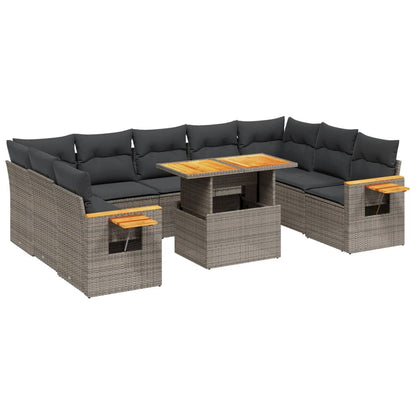 10-delige Loungeset met kussens poly rattan grijs