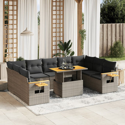 10-delige Loungeset met kussens poly rattan grijs