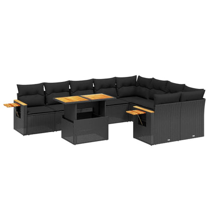 10-delige Loungeset met kussens poly rattan zwart