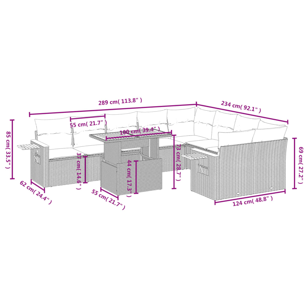 10-delige Loungeset met kussens poly rattan zwart