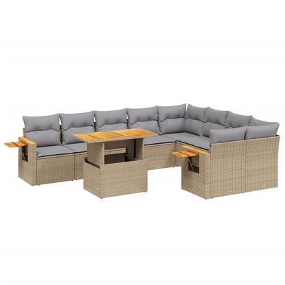 10-delige Loungeset met kussens poly rattan beige