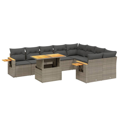 10-delige Loungeset met kussens poly rattan grijs