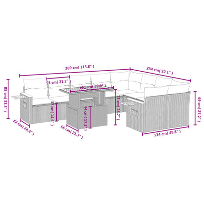 10-delige Loungeset met kussens poly rattan grijs