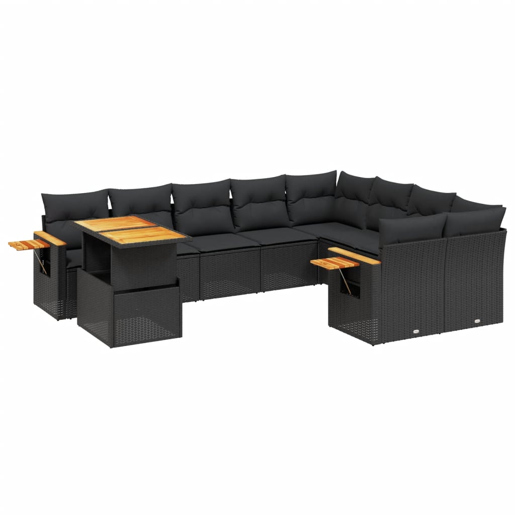 10-delige Loungeset met kussens poly rattan zwart