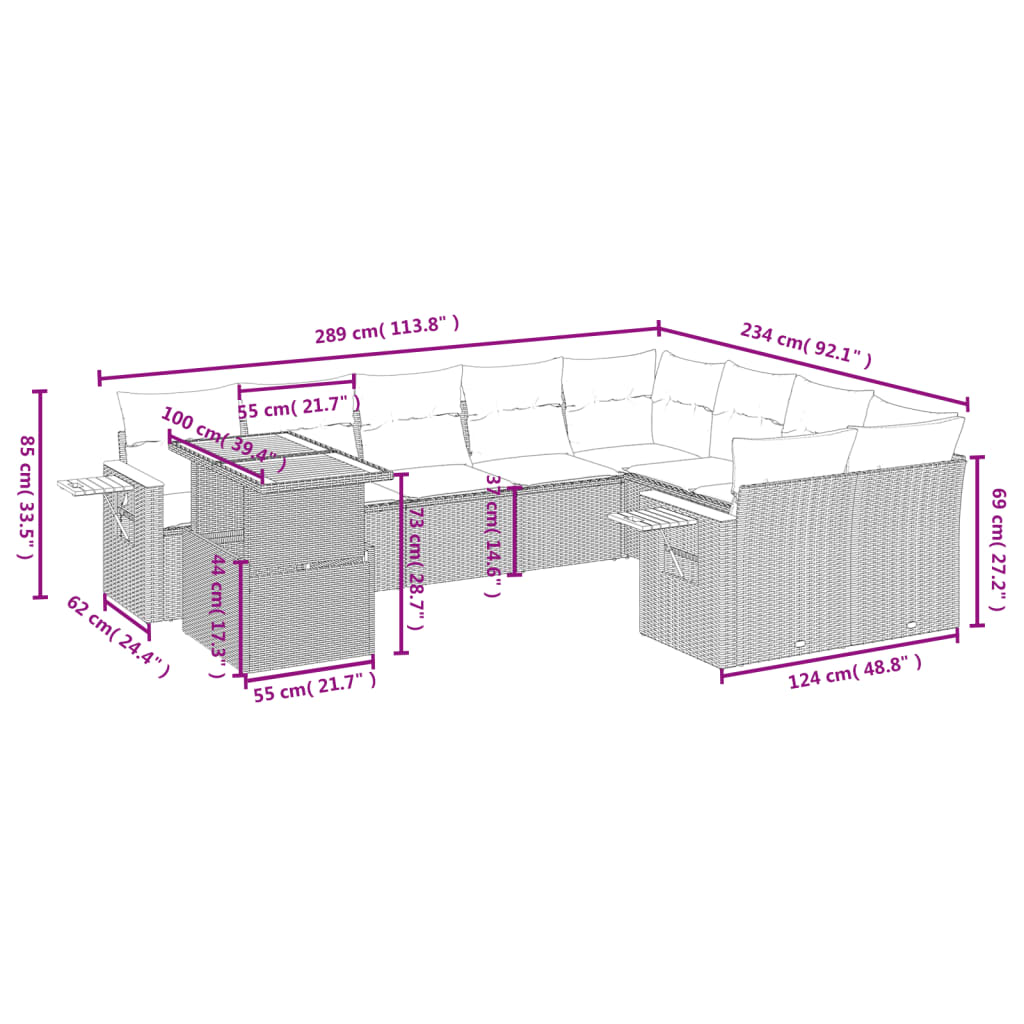 10-delige Loungeset met kussens poly rattan zwart